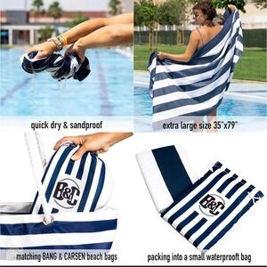 Bang & Carsen XL Microfiber Beach Towel 35x79 Quick Dry Sandproof Navy Stripe